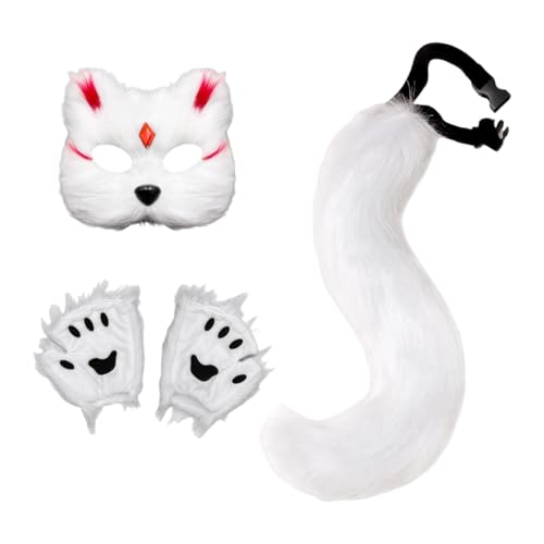 LeeQinersw 3 Teiliges Tierkostüm Set mit Tiermaske Plüschschwanz Und Handschuhen Als Verkleidung Flauschig Und Bequem für Karneval Fasching Und Maskenbälle, Weißer Roter Chip LeeQinersw 3 Teiliges Tierkostüm Set mit Tiermaske Plüschschwanz Und Handschuhen Als Verkleidung Flauschig Und Bequem für Karneval Fasching Und Maskenbälle, Weißer Roter Chip von LeeQinersw