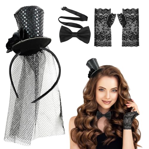 3 Stück Mini Top Hut Haarreif Set,mit spitzenhandschuhe schwarz und Schwarz Fliege,Schwarz Zylinder Hut Haarreif,Karneval Party Kopfschmuck Accessoires,für Halloween Karneval Cosplay Kostüm Zubehör von Leeelyan