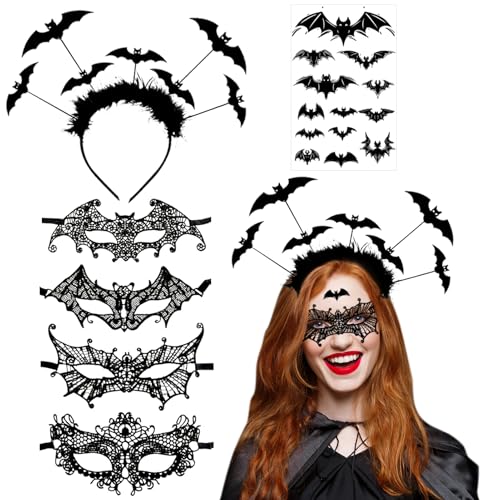 6 Stück Halloween Haarreif Fledermaus/Spitzen Maske/Tattoos Aufkleber Halloween Kostüm Accessoires Set Für Damen Kinder Deko Für Halloween Fasching Karneval(Schwarz) von Leeelyan