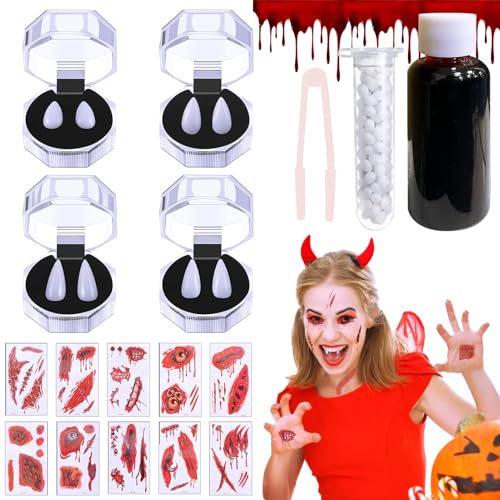 Halloween Make up Set,mit 30ml Kunstblut,4 Paar Halloween Vampirzähne Reißzähne,10 Halloween Tattoo,Geeignet für Kinder Erwachsene,Für Karneval Zombie Vampir Werwolf Cosplay Maskerade von Leeelyan