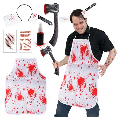 Halloween Metzger Kostüm,Metzgerschürze mit Messer,Halloween Horror Kostüm,5-teiliges Set - Kopfschmuck, Handschmuck, Schürze, Aufkleber, Blutpackung,Geeignet für Männer, Jugendliche, Erwachsene von Leeelyan