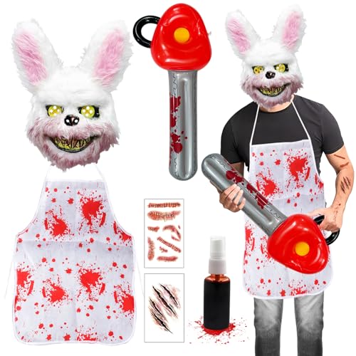 Leeelyan 5pcs Horror-Kaninchen-Halloween Kostüm Herren,Erwachsene und Teenager, Einheitsgröße, trendiges Kostüm 2024,für Halloween Kostüm Karnevalsparty Cosplay Maskerade. von Leeelyan