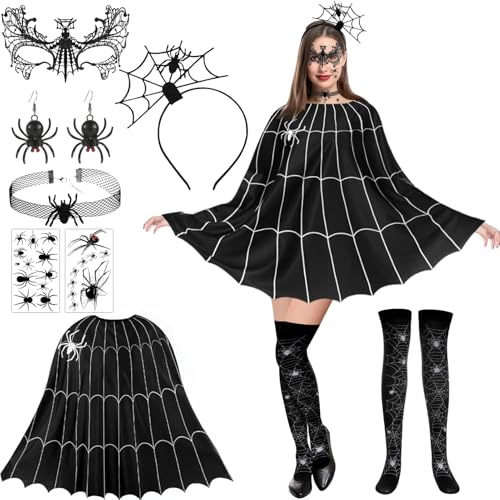 Leeelyan Halloween Kostüm Spinnenkostüm, 7-teiliges Spinnenkostüm Damen, Spinnennetzkleid, Spinnennetzponcho, Spinnenstirnband, Kopfbedeckung mit Spinne, für Frauen Halloween Dress Up Party von Leeelyan