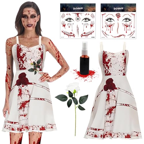 Halloween Kostüm Damen Kleid mit Blutigem Aufdruck, Halloween Kleid Damen, Mittelalter Kleidung Damen, Vampirkönigin Mädchen Kostüm, Erwachsene Kostüm für Halloween Karneval Mottoparty Cosplay Set (M) von Leeelyan