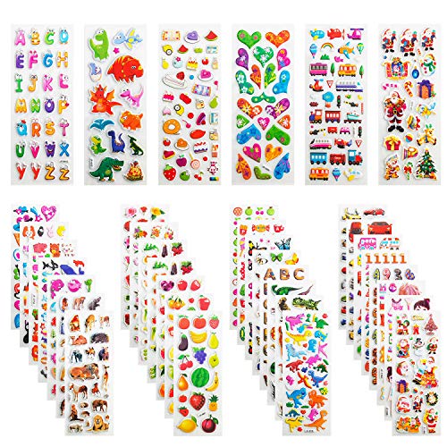 Leenou 3D Aufkleber für Kinder & Kleinkinder, 950+ Geschwollen Stickers für Jungen Mädchen Lehrer, Niedliche Verschiedene Set Buchstab en, Tier, Obst, Zahlen, Fische, Dinosaurier (36 Bogen) von Leenou