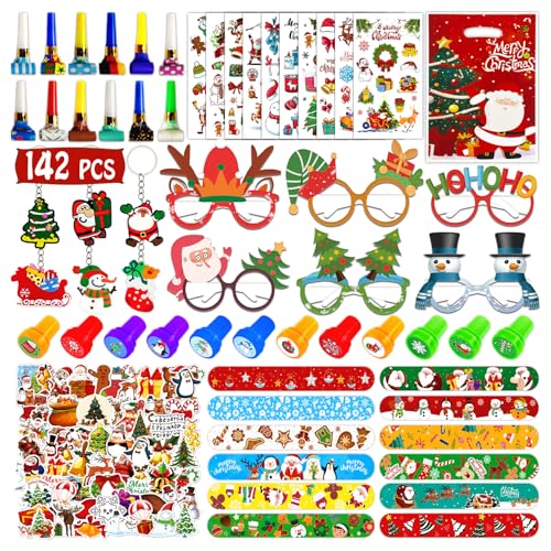 Leesgel Weihnachten Party Mitgebsel, 142 Weihnachtsgeschenke für Kinder - Weihnachten Geschenktüten Tattoo Kinder Aufkleber Stempel Schlüsselanhänger Schlagarmbänder, Weihnachtsdeko Kinder Geschenke von Leesgel