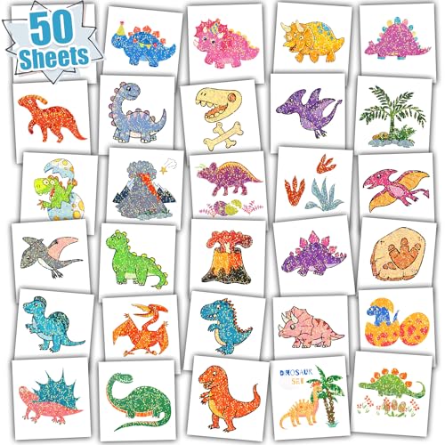 Leesgel Dino Glitzer Tattoo Kinder Sticker, 50 Blätter Kinder Tattoo Jungen Glitzertattoos Dino Party Deko, Dinosaurier Tattoo Kinder Glitzer für Dino Geburtstag Deko Mitgebsel Kindergeburtstag von Leesgel