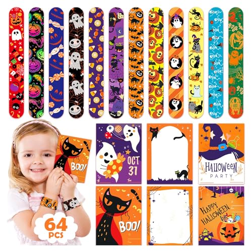 Leesgel Halloween Party Tasche Füller, 32sets Grußkarten Karten Bulk mit Slap Band Armbänder für Kinder Halloween Geschenke Handwerk Spiele Preise Trick oder Treat Stuff Eimer Spielzeug Halloween Deko von Leesgel