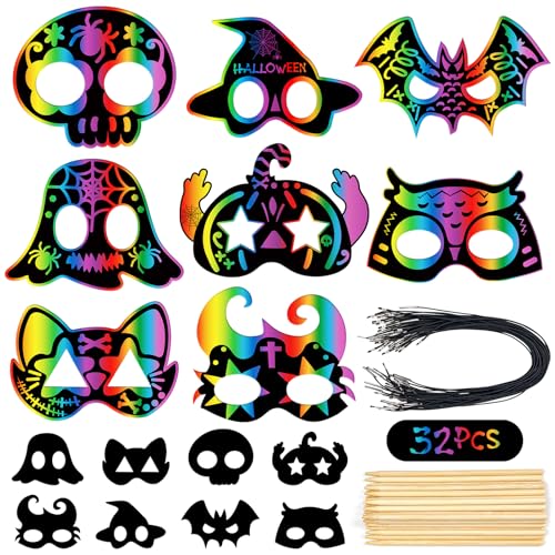 Leesgel Halloween Scratch Painting Maske,32 Stück Halloween Kratzbilder für Kinder,Halloween Scratch Art Masken für Kinder mit Elastischen Kordeln und Holz Stylus, Halloween Geschenke für Kinder von Leesgel