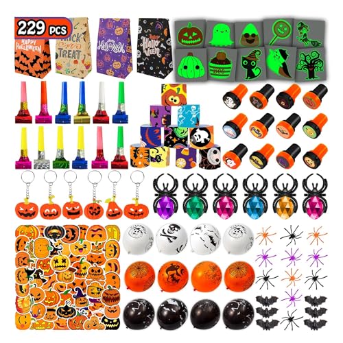 Leesgel Halloween Party Mitgebsel für Kinder, 229pcs Süßigkeiten Tasche/Ballon/Slap Armband/Stempel/Spinne/Fledermaus/Tattoos Aufkleber, Geschenke Spiele Preise Deko, LGYZ652 von Leesgel