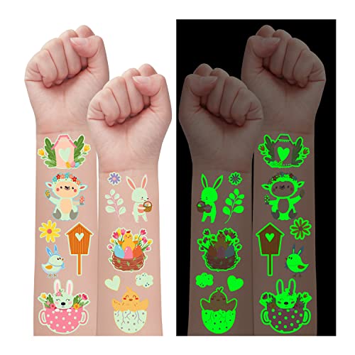 Leesgel Leuchtende Ostern Tattoos Geschenke für Kinder, 100-Stile leuchtende temporäre Tattoos für Ostern Dekorationen, Ostern Aufkleber Korb Taschen Füller für Osterei Jagd Spiele Handwerk Party Deko von Leesgel