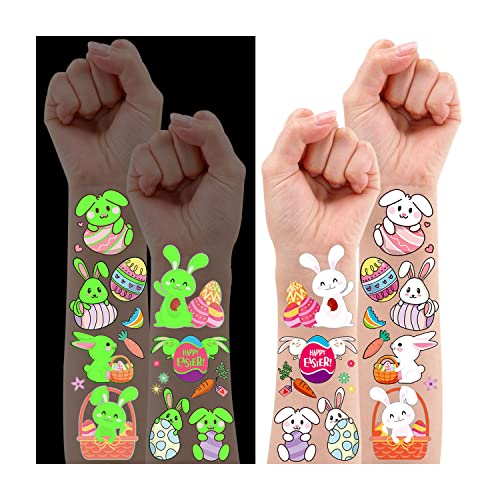 Leesgel Oster Tattoos Kinder, 10 Blätter Leuchtende Temporäre Tattoos für Kinder Osterkorbtüten Füller, Oster Deko, Ostereier Tattoo Aufkleber für Glow Ostergeschenke Partybedarf Gefälligkeiten von Leesgel