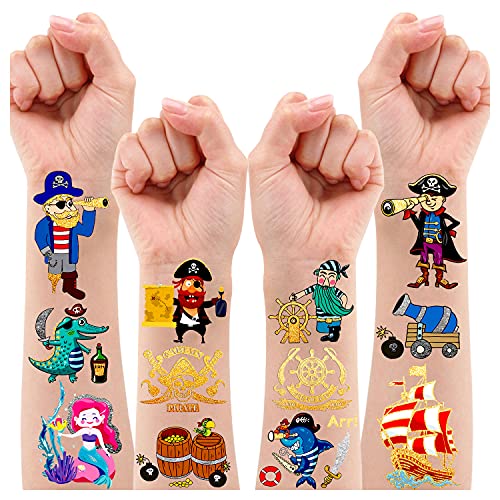 Leesgel Pirate Tattoo Kinder Jungen, 31 Stile Pirate Metallischer Glitzer Tattoos Set Kinder, Pirate Kindertattoos Aufkleber Kinderfür Mitgebsel Kindergeburtstag Junge Geburtstag Deko Party Zubehör von Leesgel