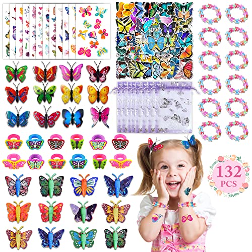 Leesgel Schmetterling Party Mitgebsel, 132 Stück Partyzubehör für Kinder Mädchen Schmetterling Party Deko Geburtstags Geschenke – Schmetterling Tattoo Aufkleber Haarspangen Armband Ringe Schmetterling von Leesgel