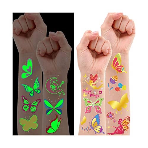 Leesgel Schmetterling Tattoo, 36 Stile Leucht Metallic Glitzer Schmetterling Temporäres Tattoo Kinder Aufkleber, Schmetterling Deko Mitgebsel Kindergeburtstag Geburtstagsdeko Mädchen Festival Zubehör von Leesgel