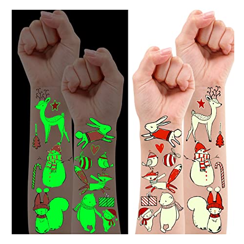 Leesgel Tattoo Kinder, 82 Stile Weihnachts Kindertattoos Set, Weihnachten Im Dunkeln Leuchten Temporäre Tattoos, Wasserfest Tattoos für Mitgebsel Geschenktüten Kinder Spielen Weihnachts Party Zubehör von Leesgel