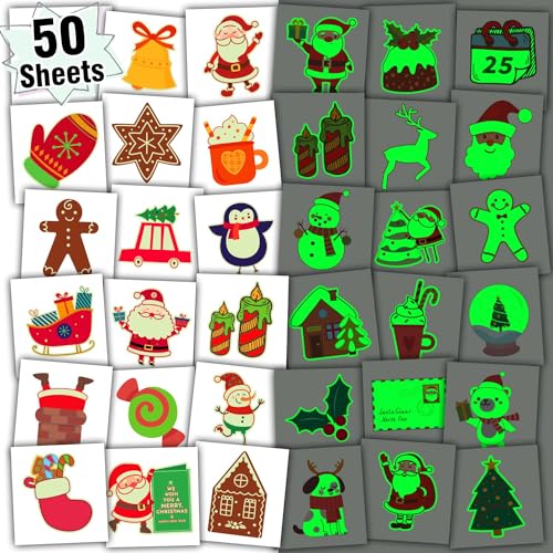 Leesgel Weihnachtstattoos Kinder, 50 x Leuchtende Kinder Tattoo Aufkleber Weihnachten - Weihnachtsbaum/Weihnachtsmütze/Rentier Figur, Weihnachtsdekorationen Kinder Weihnachtsgeschenke Kinder 2022 von Leesgel