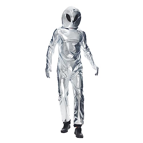 Leezeshaw Astronauten-Kostüm für Erwachsene, glänzend, metallisch, für Herren und Damen, Halloween, Silber, Alien-Kostüm, Cosplay, Verkleiden von Leezeshaw