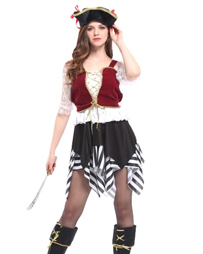 Leezeshaw Piratenkostüm für Erwachsene, Piratenkostüm mit Kopfbedeckung für Damen, Halloween, Cosplay, Party, Bühnenverkleidungen von Leezeshaw