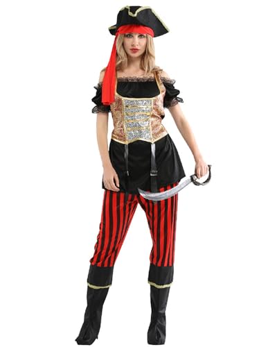 Leezeshaw Piratenkostüm für Erwachsene, Piratenkostüm mit Kopfbedeckung für Damen, Halloween, Cosplay, Party, Bühnenverkleidungen von Leezeshaw