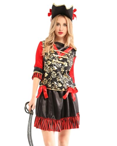 Leezeshaw Piratenkostüm für Erwachsene, Piratenkostüm mit Kopfbedeckung für Damen, Halloween, Cosplay, Party, Bühnenverkleidungen von Leezeshaw