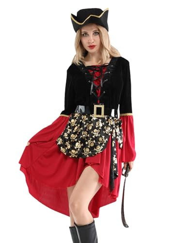 Leezeshaw Piratenkostüm für Erwachsene, Piratenkostüm mit Kopfbedeckung für Damen, Halloween, Cosplay, Party, Bühnenverkleidungen von Leezeshaw