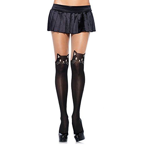 Leg Avenue 7908 - Transparente Blickdichte Strumpfhose mit Katzen Print, Einheitsgröße, schwarz/lila von LEG AVENUE