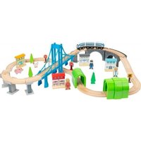 Small foot 11492 - Holzeisenbahn-Set XL Brückenschlag, play & fun, Spielset, Holz, 60-teilig, aufgebaut ca. 83x83x20cm von Legler