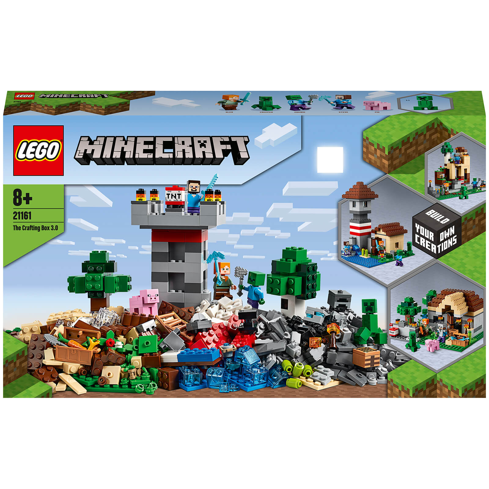 LEGO 21161 Minecraft Die Crafting-Box 3.0 2-in-1 Set Schloss oder Farm mit Figuren: Steve, Alex und Creeper von Lego