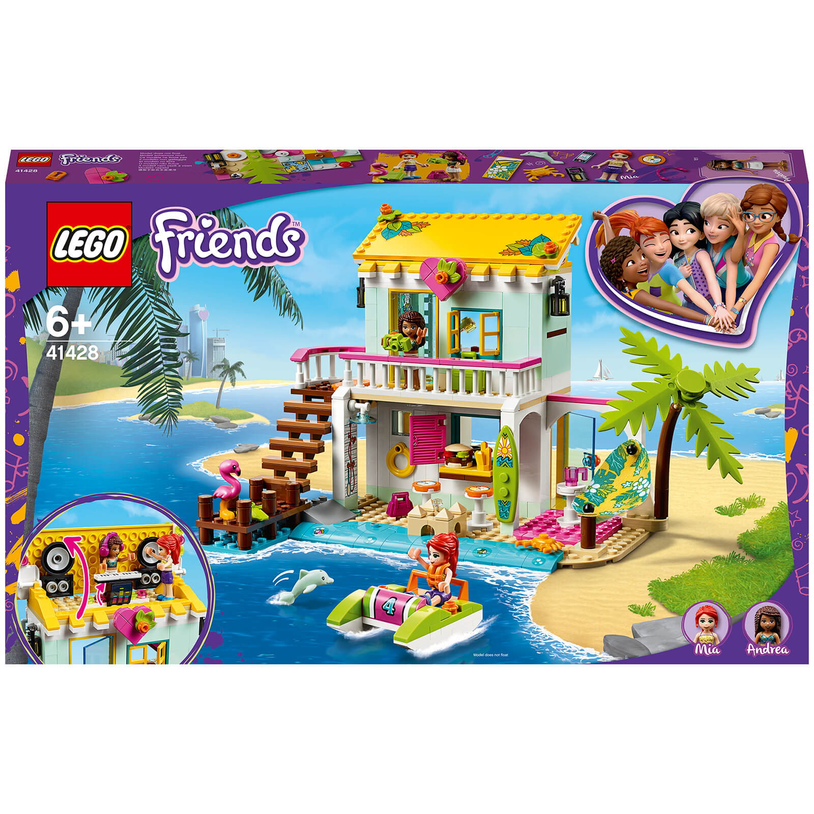 LEGO 41428 Friends Strandhaus mit Tretboot Set, Puppenhaus mit Mini Puppen Andrea & Mia und 2 Tierfiguren, Spielzeug ab 6 Jahren von Lego