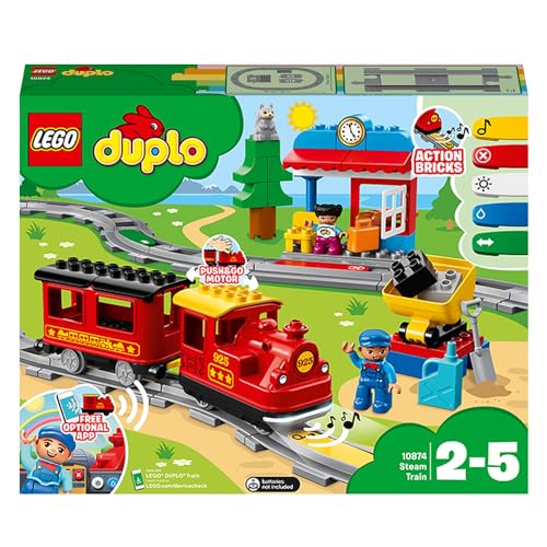 LEGO DUPLO Dampfeisenbahn, Eisenbahn-Spielzeug aus LEGO Steinen mit Tierfigur, Zug-Spielzeug für Jungen und Mädchen, mit Licht & Geräuschen sowie Push-&-Go-Motor, Geschenk für Kinder ab 2 Jahren 10874 von LEGO