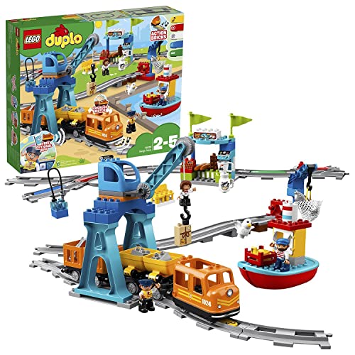 LEGO DUPLO Güterzug, „Push & Go“-Lok mit Lichtern und Geräuschen, Funktionssteinen und 2 Kranen, Spielzeug für Mädchen und Jungen ab 2 Jahren 10875 von LEGO