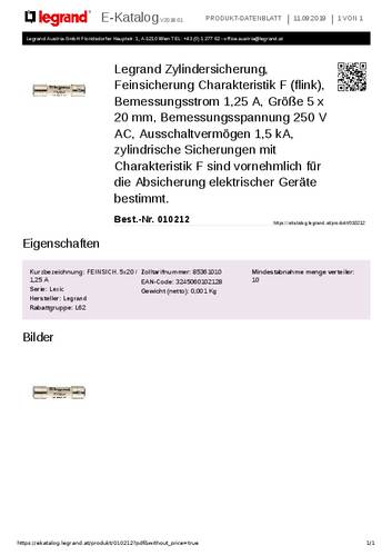 Legrand 010212 Feinsicherung 1.25A 250 V/AC 10St. von LEGRAND