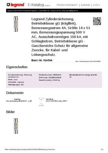 Legrand 014504 Zylindersicherung 4A 500 V/AC 10St. von LEGRAND