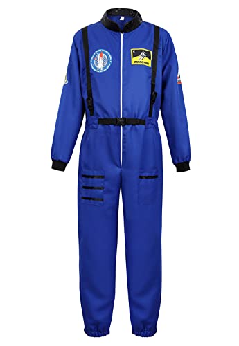 Lehauya Herren Astronauten-Kostüm Raumfahrer Anzug Pilot Fluganzug Gefangener Overall Halloween Erwachsene Kostüme, Astronautenanzug Blau, 3XL von Lehauya