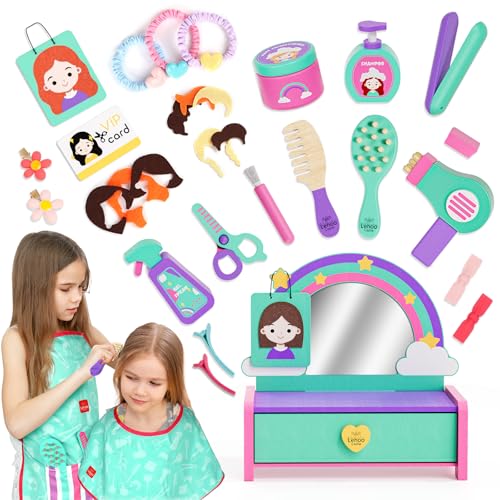 Lehoo Castle 32pcs Friseur Set Kinder mit Frisiertisch, Barber Umhang, Apron, Fön, Haar Zubehör, Spiegel, Lockenstab, Mädchen Rollenspiel, Frisierkoffer Spielzeug für 3 4 5 Jahre Geschenk von Lehoo Castle