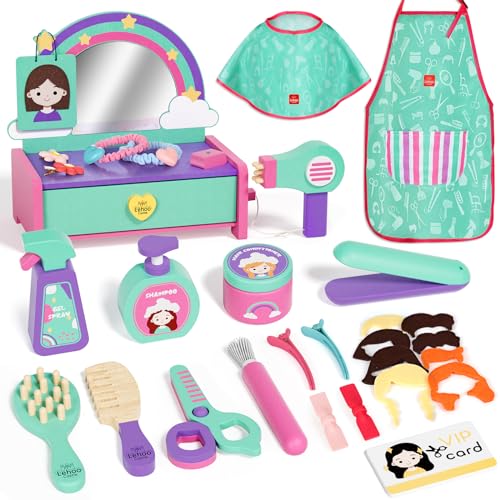 Lehoo Castle 32PCS Kinder Friseur Set für Mädchen, mit Frisiertisch, Barber Umhang, Apron, Fön, Haar Zubehör, Spiegel, Mädchen Rollenspiel, Frisierkoffer Spielzeug für 3 4 5 Jahre Geschenk von Lehoo Castle