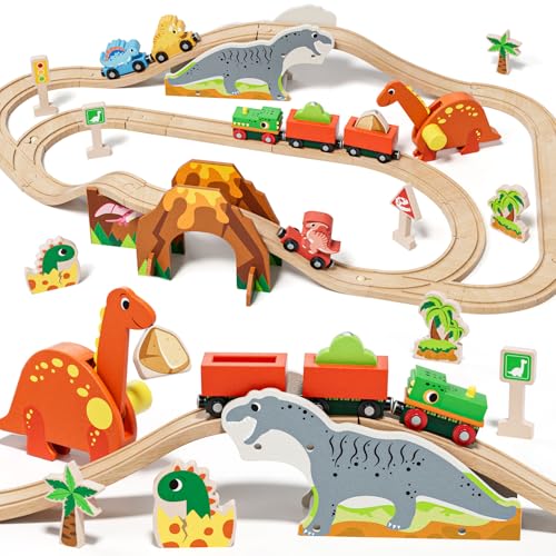 Lehoo Castle Dinosaurier Holzeisenbahn Kinder, Zug Spielzeug Kompatibel mit Thomas, Brio und Hape, Dinosaurier Spielzeug für Jungen und Mädchen von Lehoo Castle