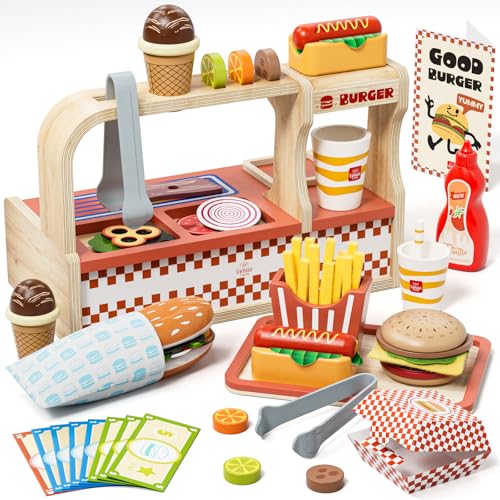 Lehoo Castle Kaufladen Zubehör Holz, Kinderküche Zubehör, Mädchen Geschenke 3 Jahre, Kaufmannsladen Zubehör, Spielen Sie Hamburger Shop, Spielküche Zubehör Spielzeug ab 3 Jahre von Lehoo Castle