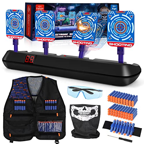 Lehoo Castle Nerf Zielscheibe, Nerf Zielscheibe Elektrisch mit Taktische Weste, 4 Ziele Auto-Reset Zielscheibe für nerf mit Licht, Sounds und Foam Darts Pfeile, Geschenk für Jungen (Schwarz) von Lehoo Castle