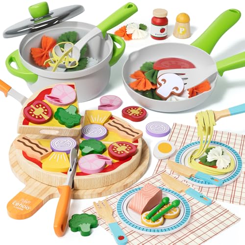 Lehoo Castle Pizza Kinderküche, Spielküche Zubehör Holz Pizza & Stoff Pasta, Spiellebensmittel, Küchenspielzeug, Rollenspielzeug, Geschenke 3 4 5 Jahre Mädchen Junge Holzspielzeug von Lehoo Castle