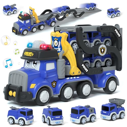 Lehoo Castle Polizeiauto mit Licht und Sound, Spielzeug Auto ab 3 Jahre, LKW Autotransporter Spielzeug mit Licht und Musik, 6 Mini Spielzeugautos, Geschenk für Kinder Jungen von Lehoo Castle