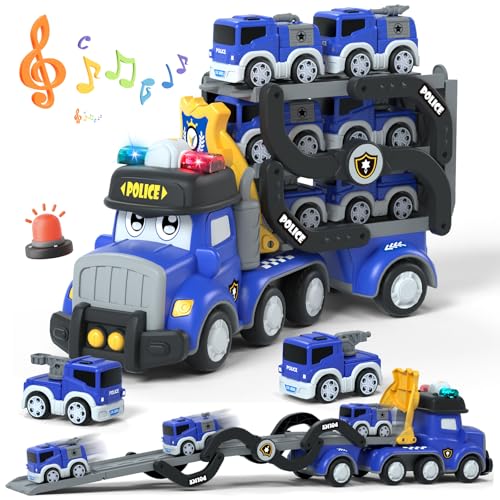 Lehoo Castle Polizeiauto mit Licht und Sound, Spielzeug Auto ab 3 Jahre, LKW Autotransporter Spielzeug mit Licht und Musik, 6 Mini Spielzeugautos, Geschenk für Kinder Jungen von Lehoo Castle