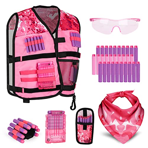 Lehoo Castle Taktische Weste Jacke Set für Nerf Guns N-Strike Elite, Taktische Weste für Kinder, mit 30 Darts, Brille, Schnell Nachladen Clips, Maske und Armbände（Rosa） von Lehoo Castle