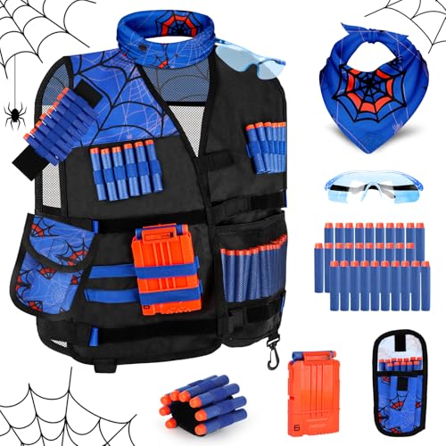 Lehoo Castle Taktische Weste Jacke Set für Nerf Guns N-Strike Elite, Taktische Weste für Kinder mit 30 Darts, Brille, Schnell Nachladen Clips, Maske und Armbände（für Spider-Man） von Lehoo Castle