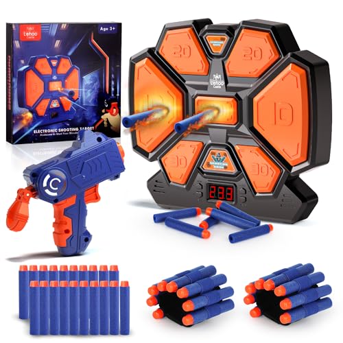 Lehoo Castle Nerf Zielscheibe, Elektronische Zielscheibe für Nerf Pistole, Digitale Zielscheibe mit Licht Sound Effekte, mit 1 Spielzeug Pistole, 20 Schaumstoff Munition, 2 Handgelenkbänder（Schwarz） von Lehoo Castle