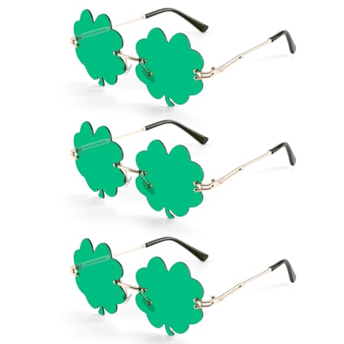 3 Paar St.Patricks Day Brille, Sonnenbrillen zum St. Patrick's Day, Lustige Brillen Irisch Sonnenbrillen mit Vierblättrigem, Sonnenbrille Leprechaun Kostüm Brille Metall Rahmen Damen Herren Party von Leikedun