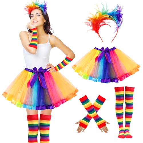 Leikedun Karneval Regenbogen Kostüm Damen, Bunter Tüllrock Damen Feder Haarreif Regenbogen Kniestrümpfe Fingerlose Handschuhe, Karneval Kostüm Damen für Erwachsene Kinder Karnevalspartys Mottoparty von Leikedun