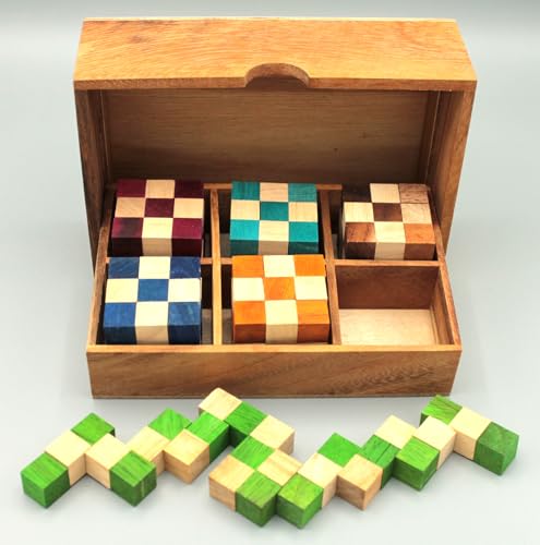 Snake Cube Geduldsspiel 6 Puzzle Würfel aus Holz in Einer Box von Leikor