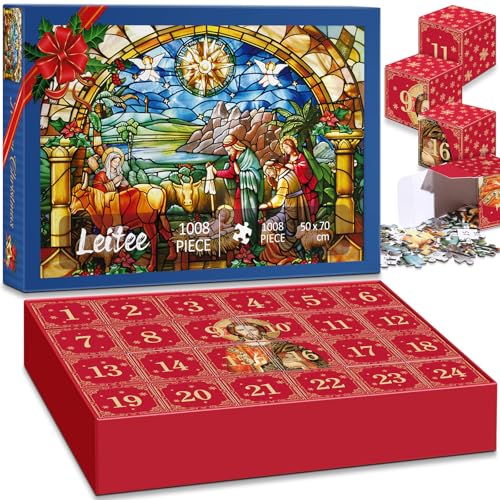 Leitee Buntglas Krippenpuzzle Adventskalender 1008 Teile 24 Boxen Countdown bis Weihnachten Advent Mutter Maria Puzzle Erwachsene Xmas Geschenke von Leitee